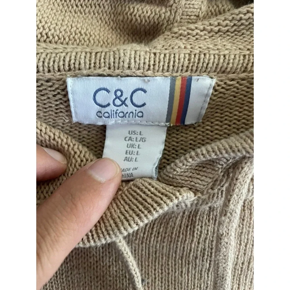 C&C California Linen Cotton Striped Hooded Sweater Tan Cream Size Large Coastal